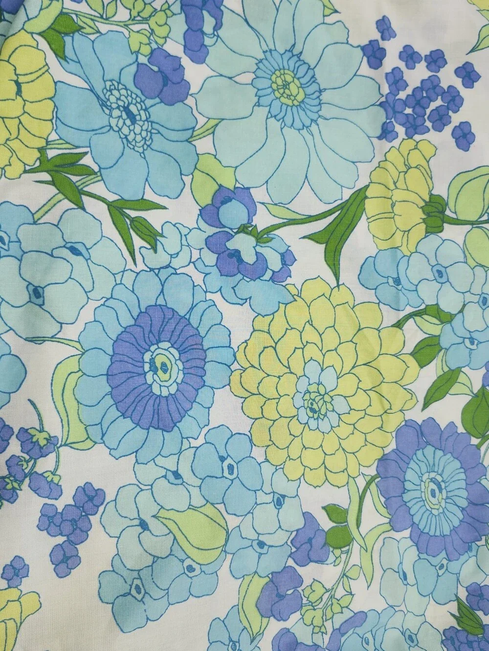Vintage Flower Power Curtain Blue Green MOD TWIN 70s Sheet Flat Fitted